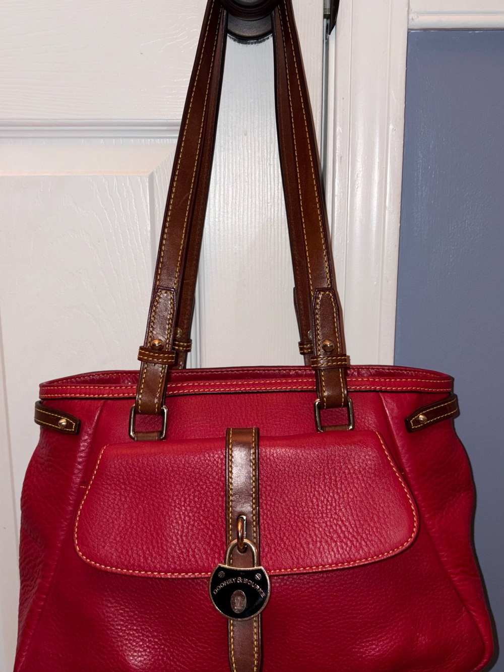 Dooney & Bourke Red Leather Shoulder Bag with Brown Straps